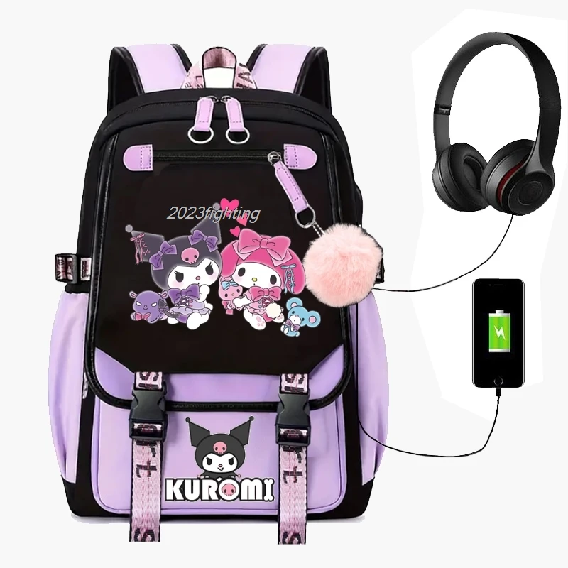 Urocze plecaki z melodią Kuromi Cosplay Unisex szkolna torba patchworkowa kreskówkowy tornister laptopa podróżna mochile