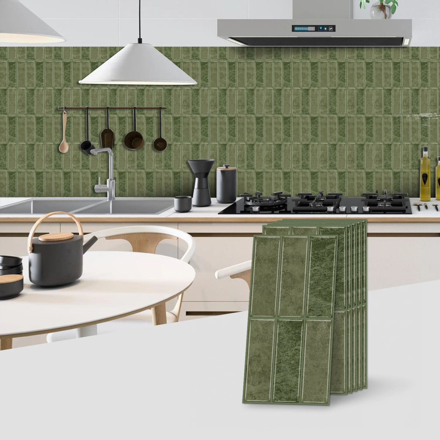 Olive green vertical stripe tile wall stickers, removable self-adhesive backsplash stickers, waterproof peel and stick tiles