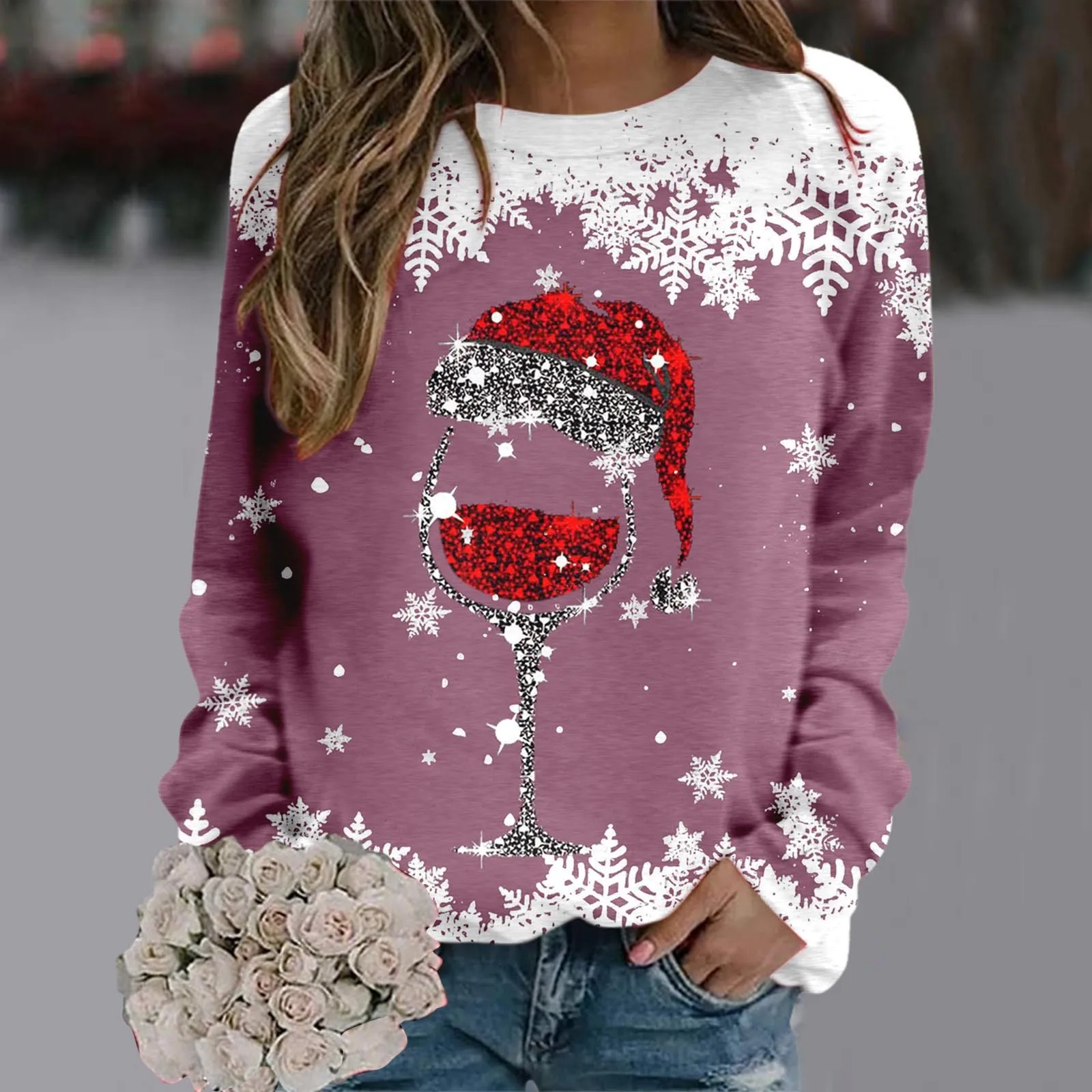 2024 Christmas Sweaters For Women Xmas Wine Cup Long Sleeve Sweatshirt Female Cute Reindeer Graphic New Year Ladies Pullovers