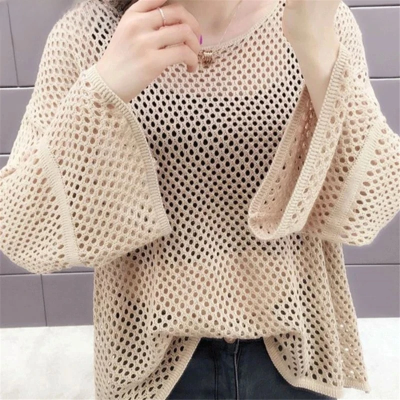 

Mesh Loose Knit Sunscreen Tee Women Korean Fashion T-shirt Hollowed Out Summer Sweater Casual Pullover Long Sleeve Tops F223
