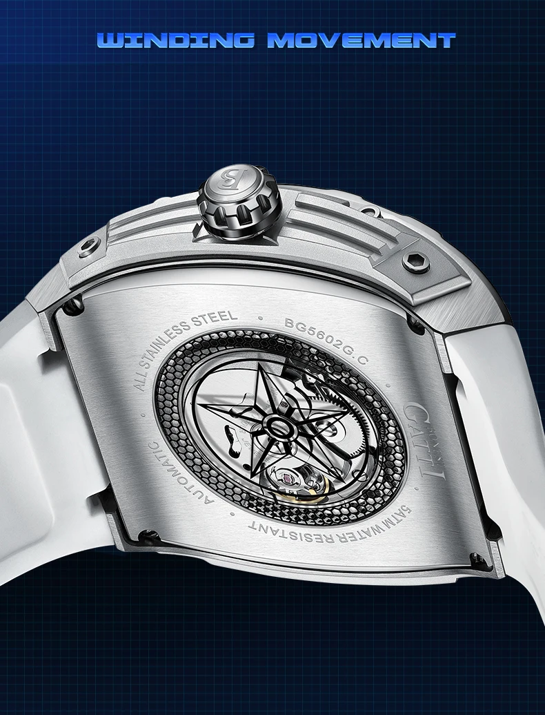 BONEST GATTI ساعة أوتوماتيكية للرجال 46 مللي متر * 51 مللي متر Tonneau ساعة يد ميكانيكية الياقوت مضيئة الهيكل العظمي الهاتفي حزام مطاط الفلور