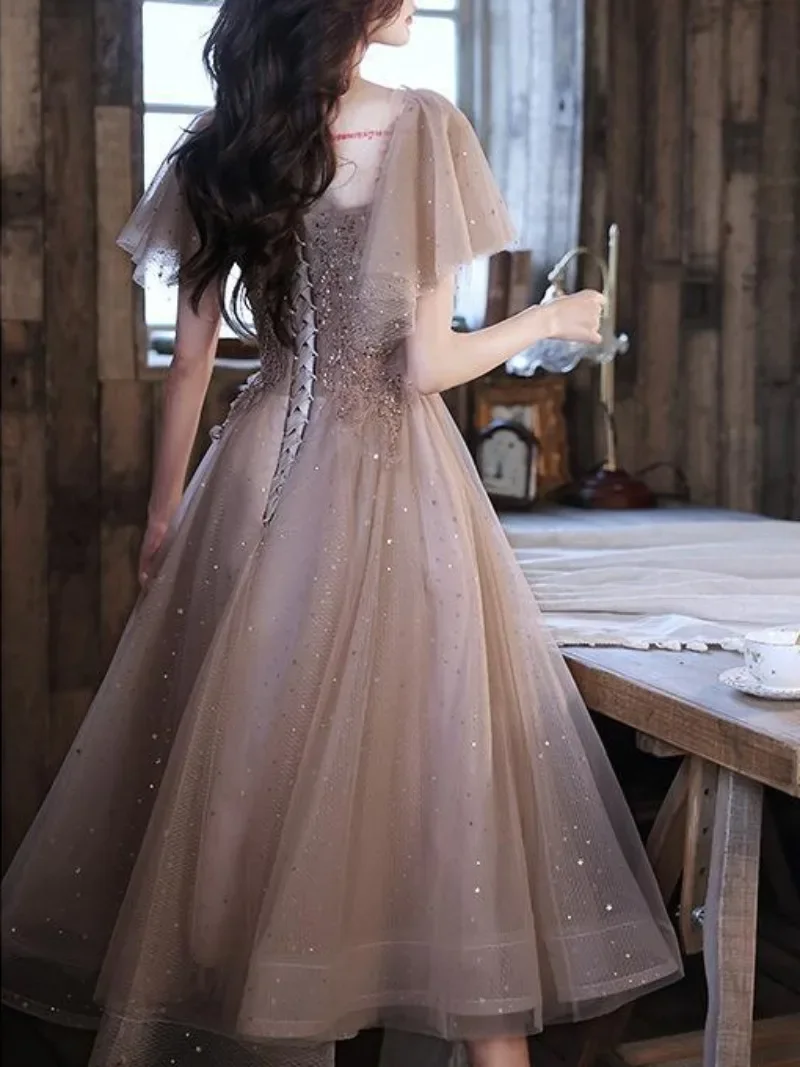 Customized Elegant Gauze Prom Dresses Temperamental Sequined Appliques Square Collar Evening Gowns 2024 New Summer Sweet Vestido