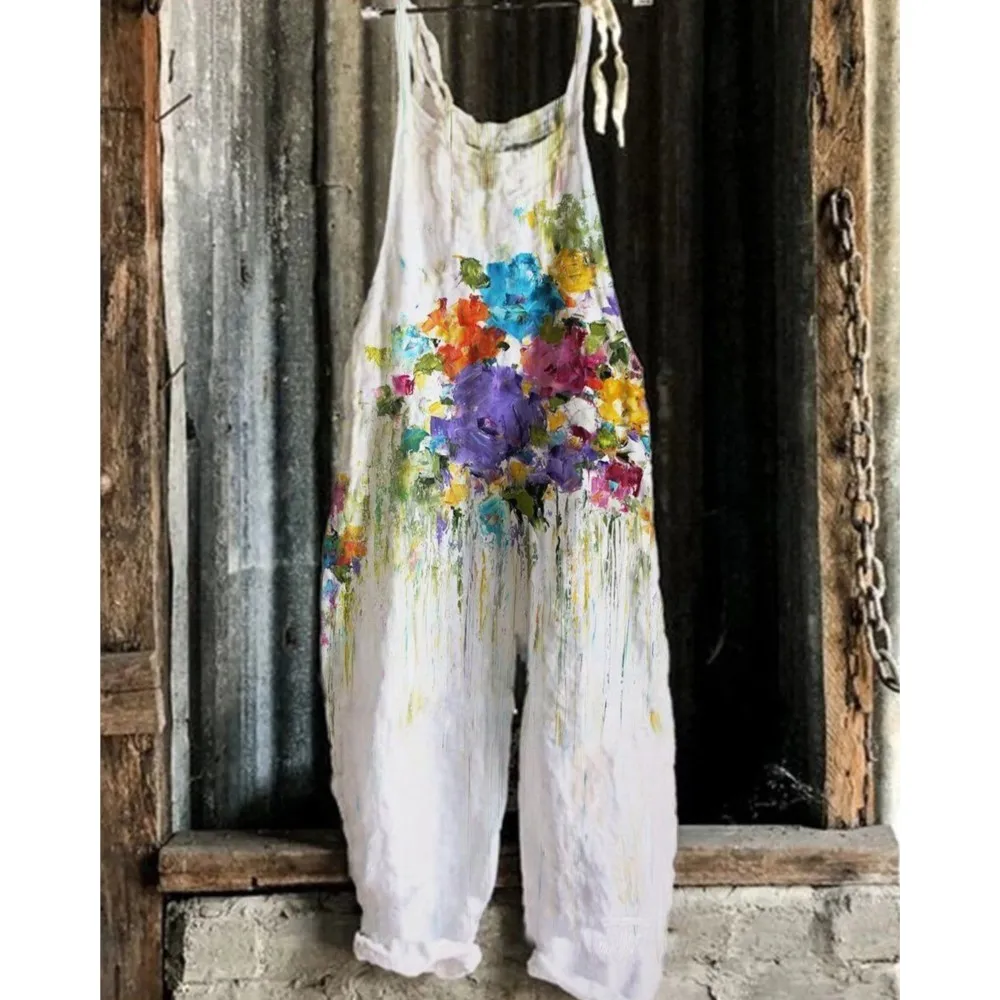 Women Jumpsuits Summer Overalls Boho Vintage Print Square Neck Sleeveless Casual Rompers Pockets Wide-Leg Pants Womans Playsuit