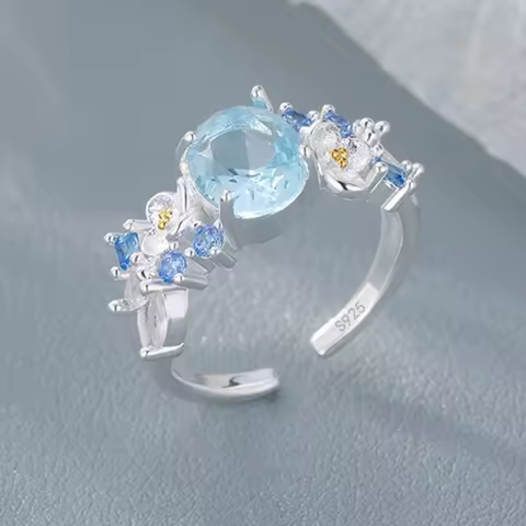 925 Sterling Silver Rings For Women Geometric Fine Jewelry Finger Adjustable Simple Moon Stone Ring For Party Birthday Gift