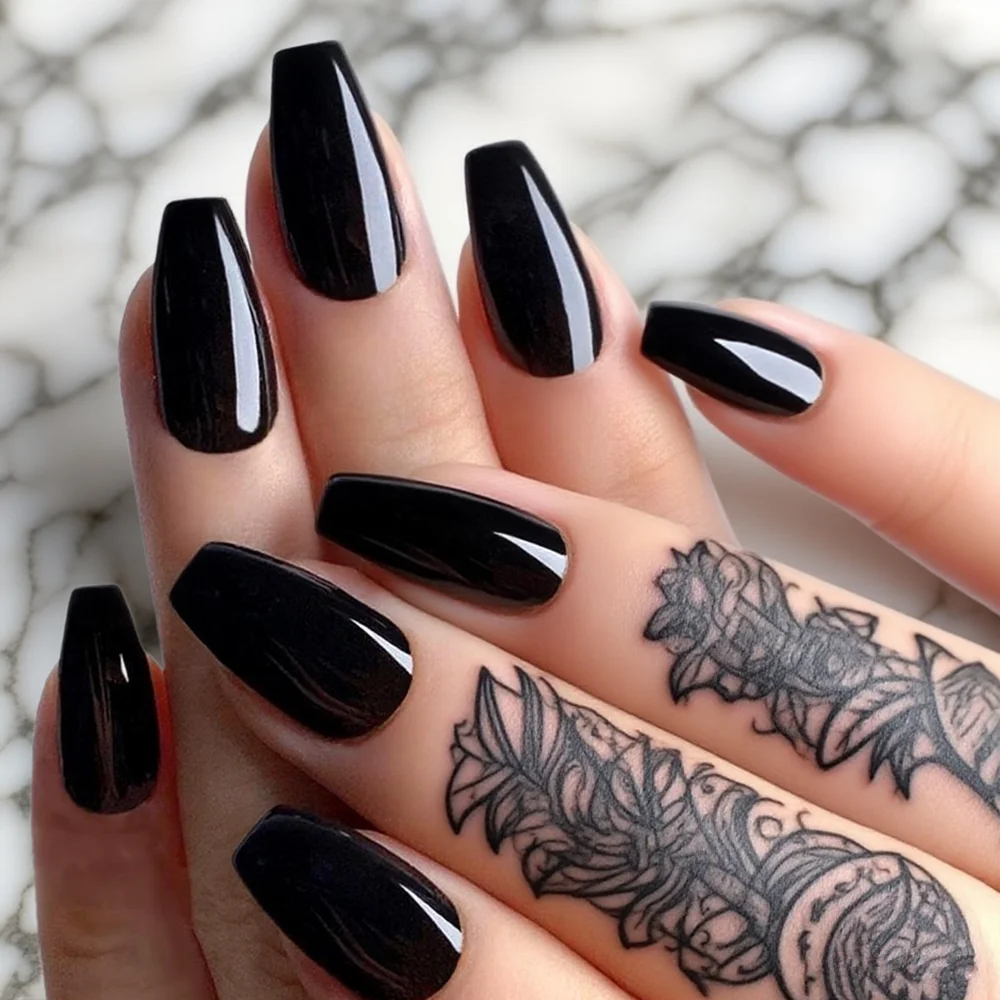 

48Pcs Shiny Black Short Ballerina Coffin Fake Nails With Jelly Glue Artificial Press On False Nails DIY Finger Manicure Tool