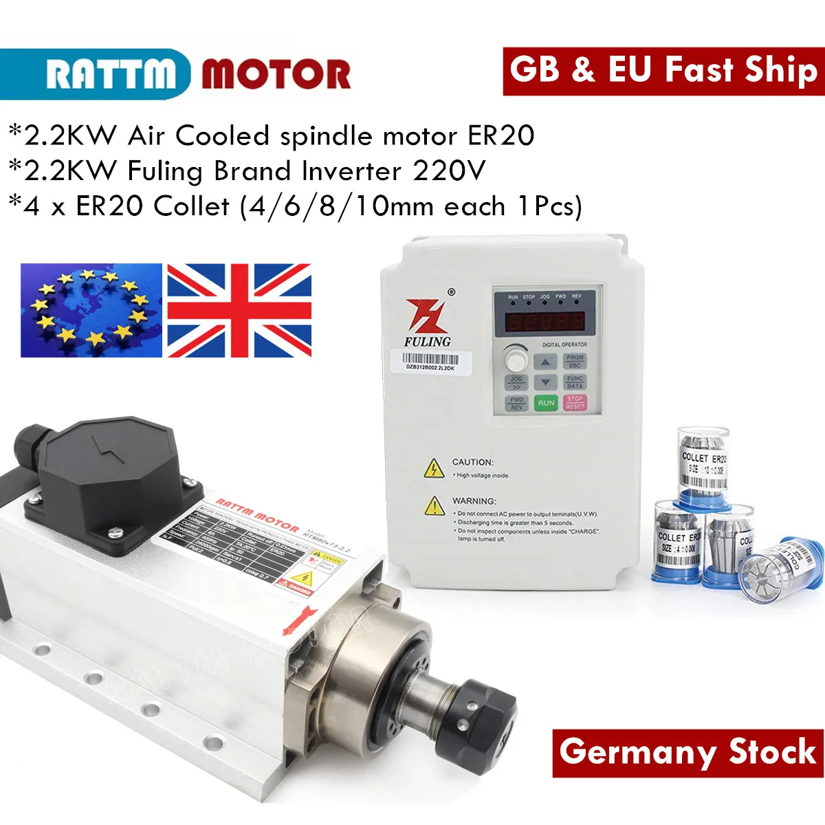 〖EU Free Ship〗220V 2.2kw ER20 Square Air Cooled Spindle Motor with Fuling Inverter VFD Kits for CNC Milling Machine