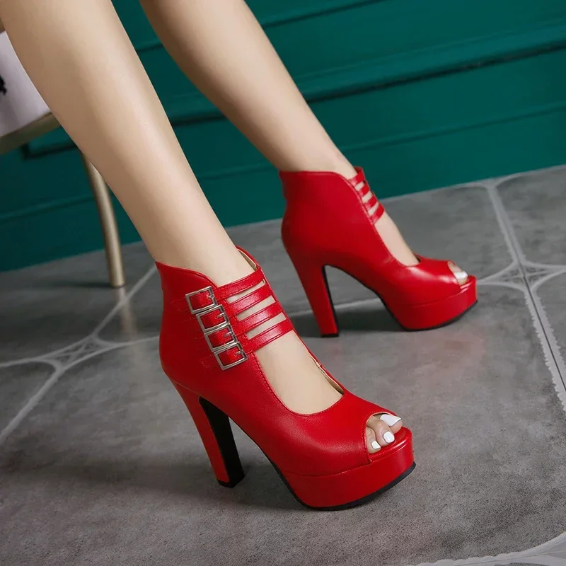 Summer Women  Peep Toe Ankle Boots Red Black High Chunky Heels Party Office Lady Zipper Triple Buckle Gladiator Platform Sandals