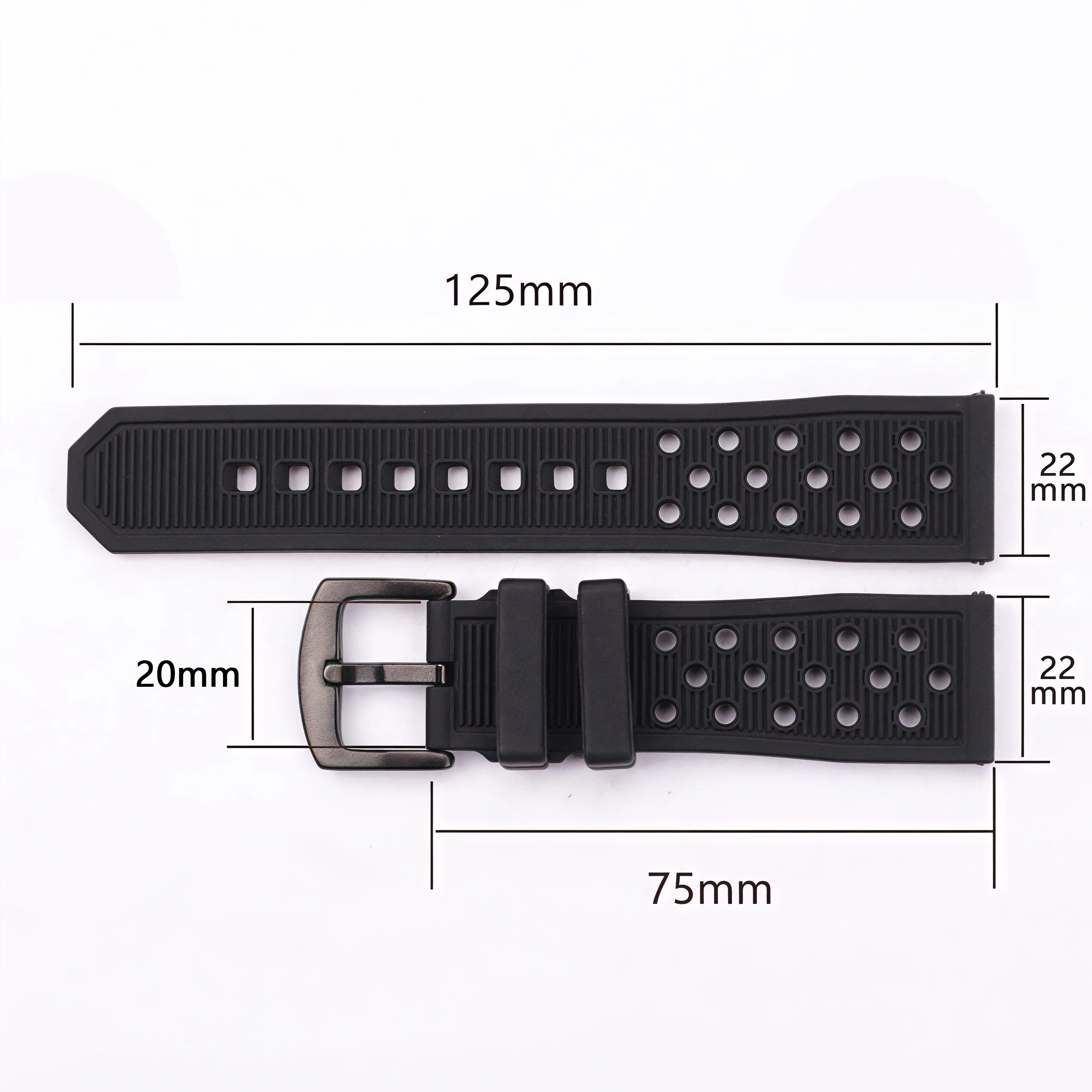 22mm Watchbands Bracelet Black Waterproof Soft Silicone Rubber Men Watch Band Strap Watch Accessories Silver Black Buckle