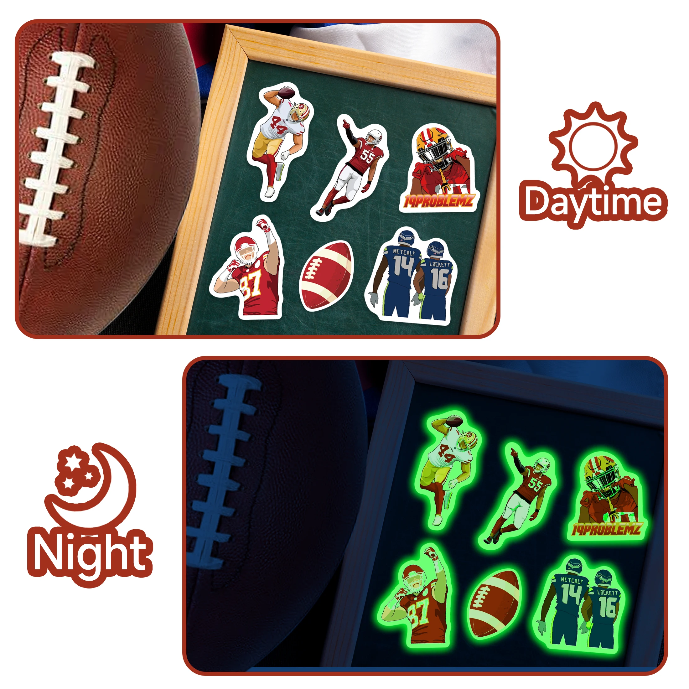 Glow in The Dark Sport Style Stickers 52pcs Rugby Match Luminous Self-adhesive Waterproof DIY Decoration Stickers Supplies