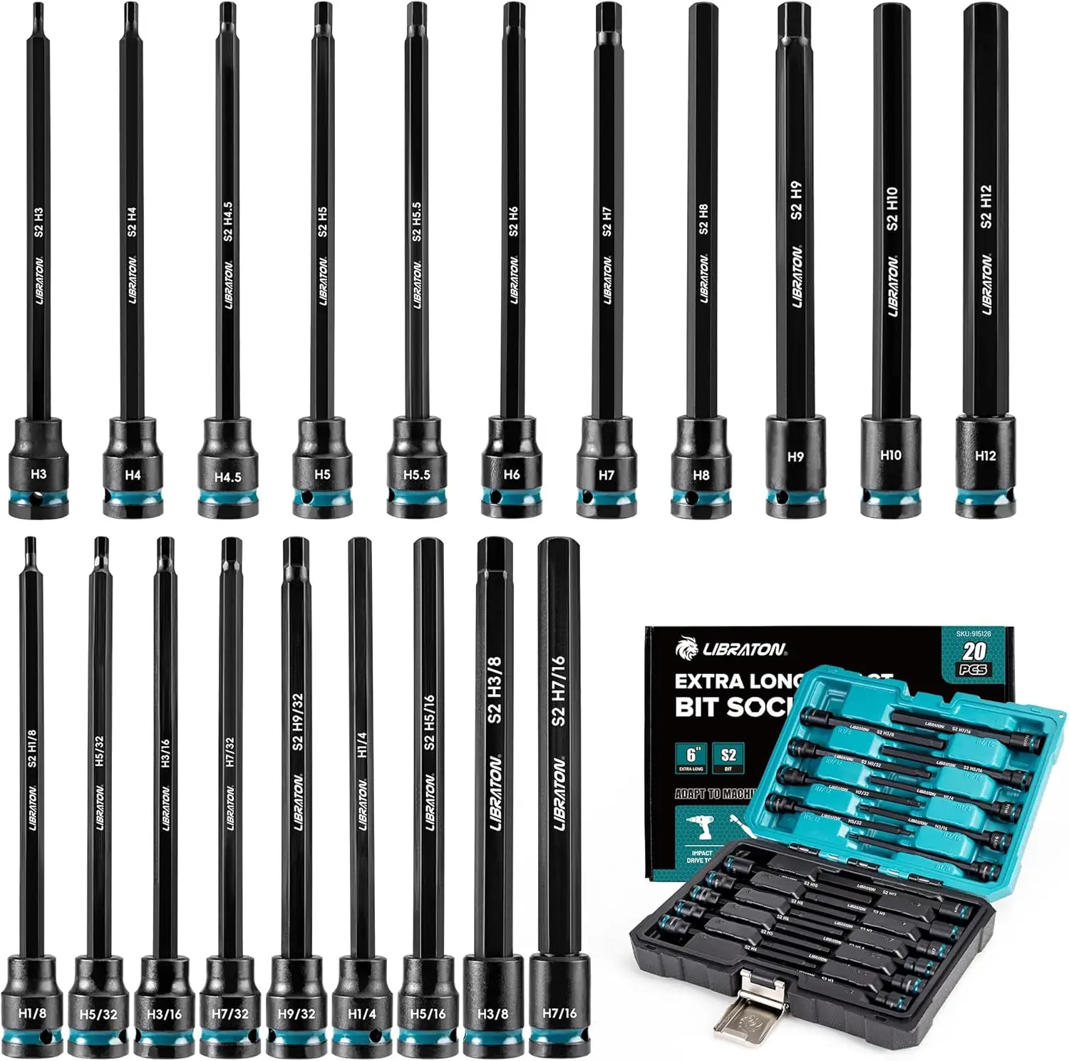

3/8" Drive Long Impact Hex Bit Socket Set, 20PCS SAE&Metric Allen Wrench Sockets in Blow Molded Box