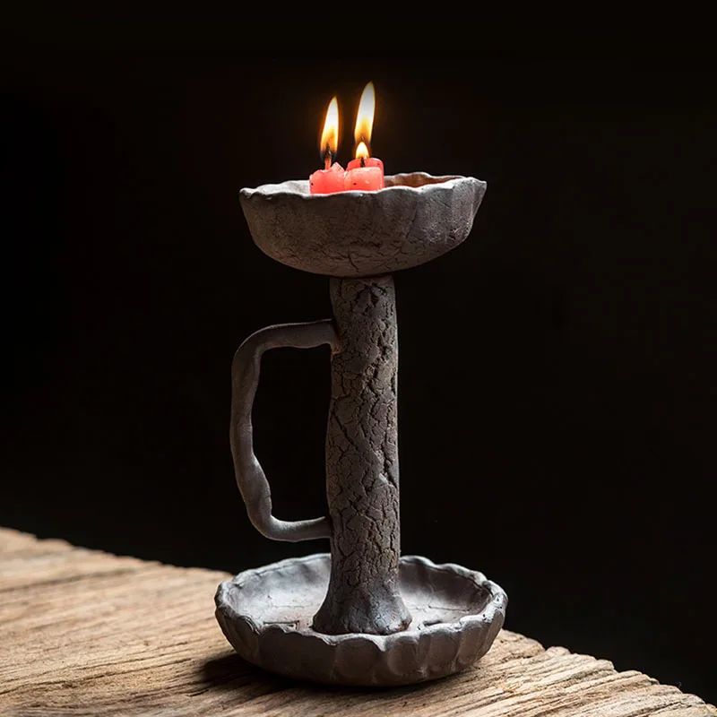 Simple Art Retro Stoneware Candle Holder Ornaments Japanese Household Retro Ceramic Handle Candle Holder Modern Home Decorations