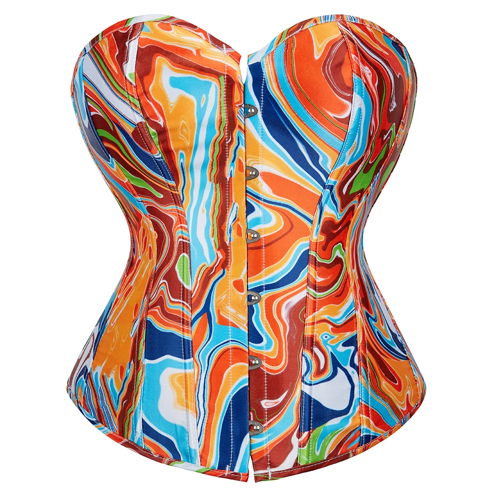 Colorful Sexy Women Corsets Top Bustier Overbust Print Graffiti Color Matching Lingerie Vintage Plus Size Burlesque Costume