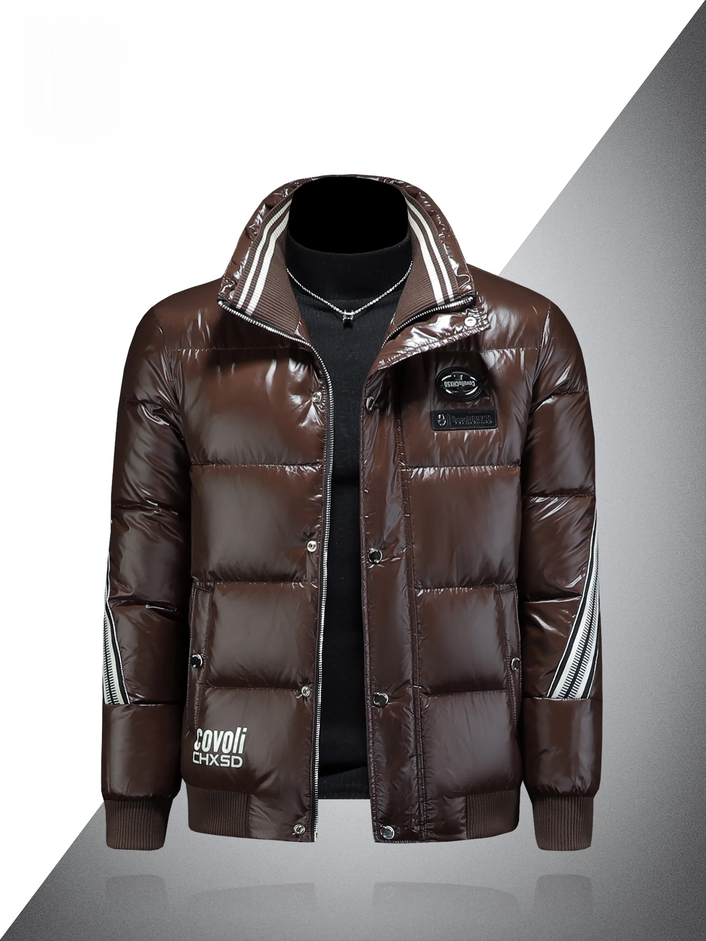 

Мужская модная короткая пуховая куртка премиум-класса цвета кофе с глянцевой поверхностью, молодежная, с воротником-стойкой, зимняя верхняя одежда, новинка 2025 года
