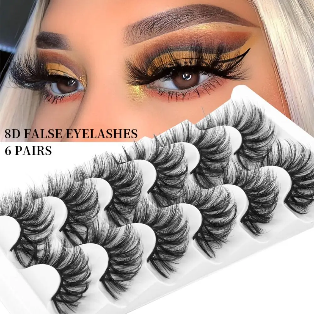 Fofo Faux Mink Eye Lashes, portátil, grosso, natural, cílios postiços, extensão artesanal, ferramenta cosmética, maquiagem, 6 par