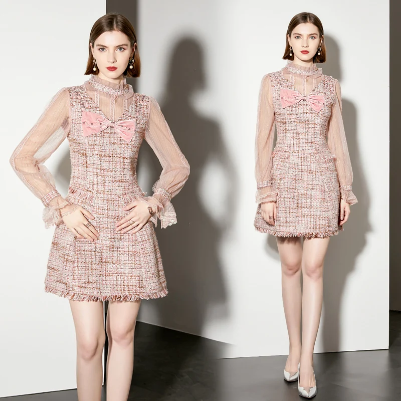 

Короткие платья из твида с французским тюлем, женские элегантные розовые милые платья трапециевидной формы с бантом, модные универсальные шикарные мини-платья для вечеринки, дня рождения