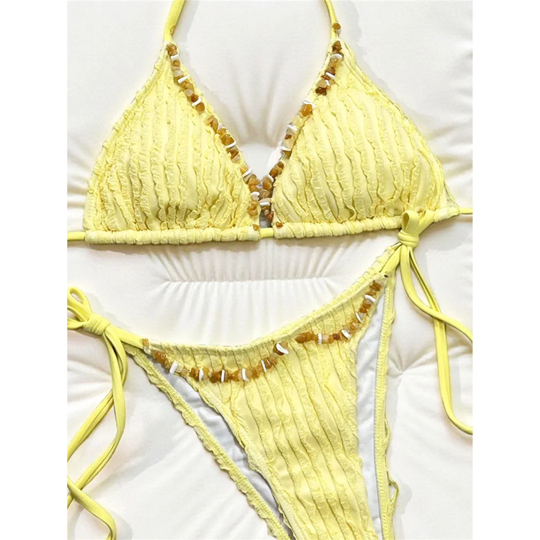 2026 Gekräuselter Neckholder-Bikini Damen-Badeanzug zweiteiliger Bikini-Set mit Trägern Badeanzug Schwimmanzug V8057 – Detail 6