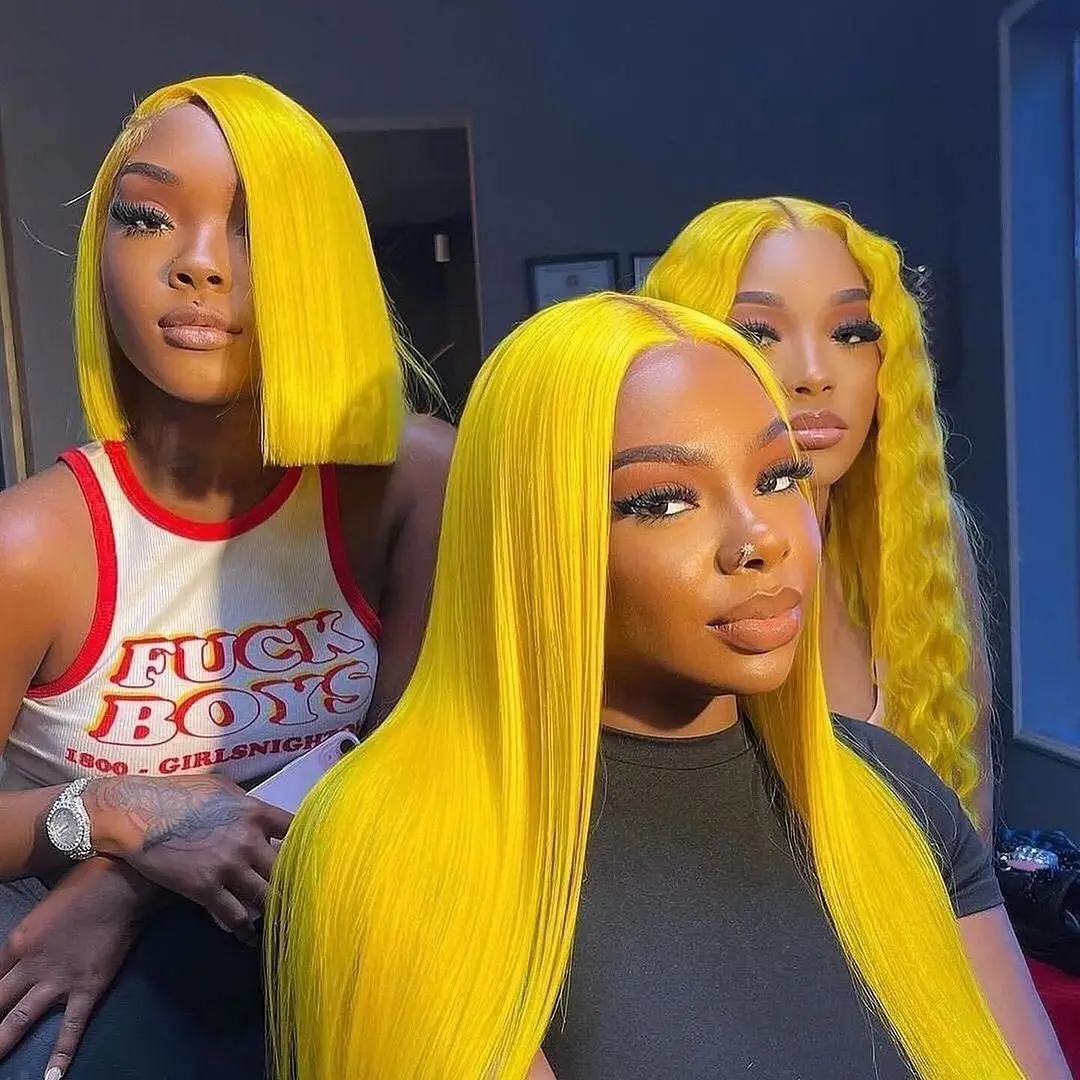 

30inch Yellow colored 250Density lace front wig 13x4 human hair wig Brazilian PrePlucked Hair straight human hair wigs For Women