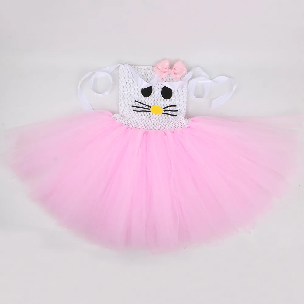 Cute Kitty Princess Tulle Tutu Dress Soft Pink Sheer Mesh Gown Sweet Elegant Birthday Holiday Carnival Stage Flowy Party Outfit