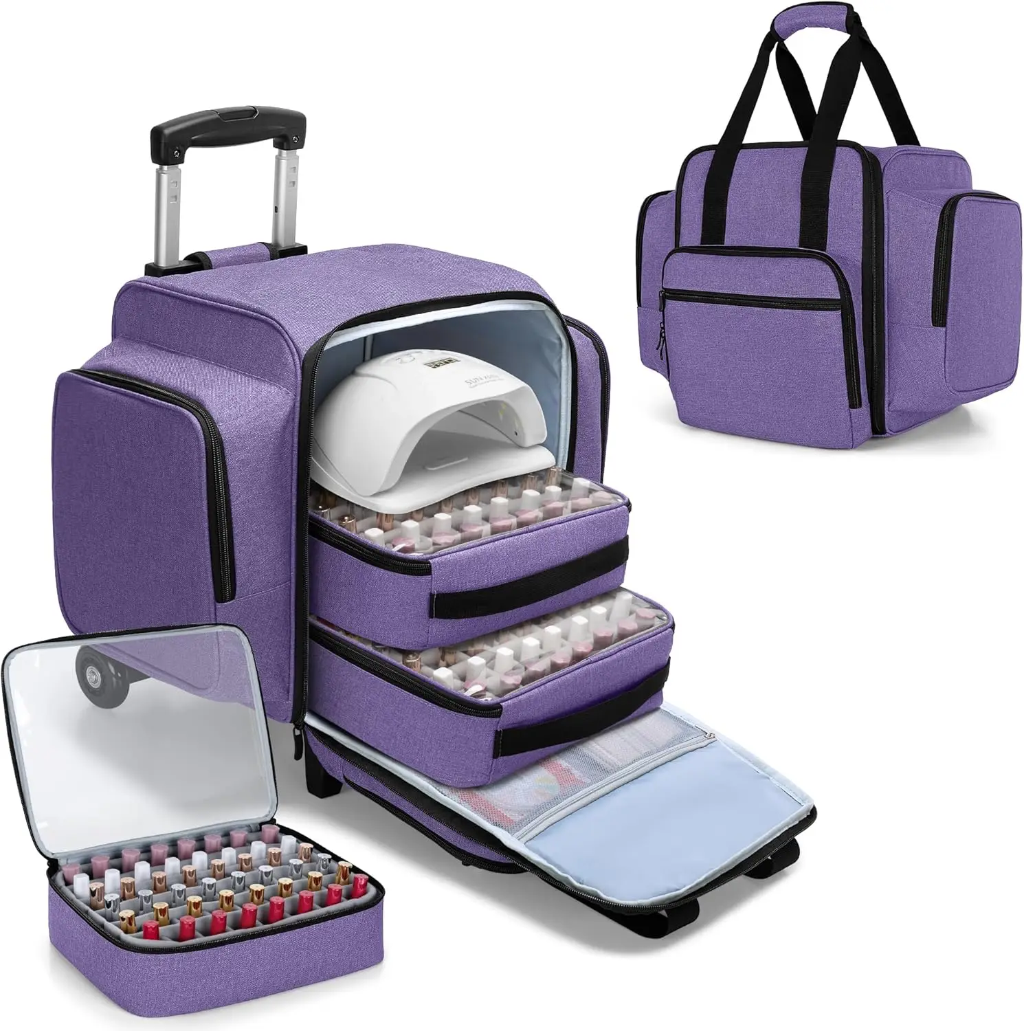 

Rolling Nail Polish Organizer Holds 144 Bottles with Detachable Dolly and 3 Removable Cases, Purple