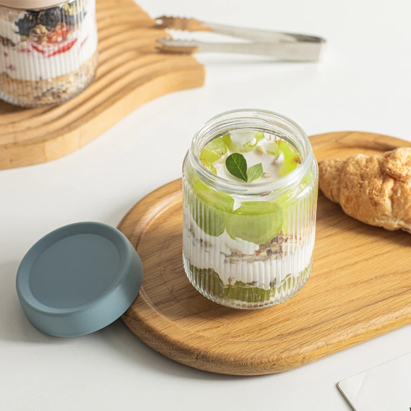 1PCS Airtight Glass Fresh-Keeping Jar | Leakproof Food Storage Container Vertical Striped Canister for Overnight Oats Nuts Snake