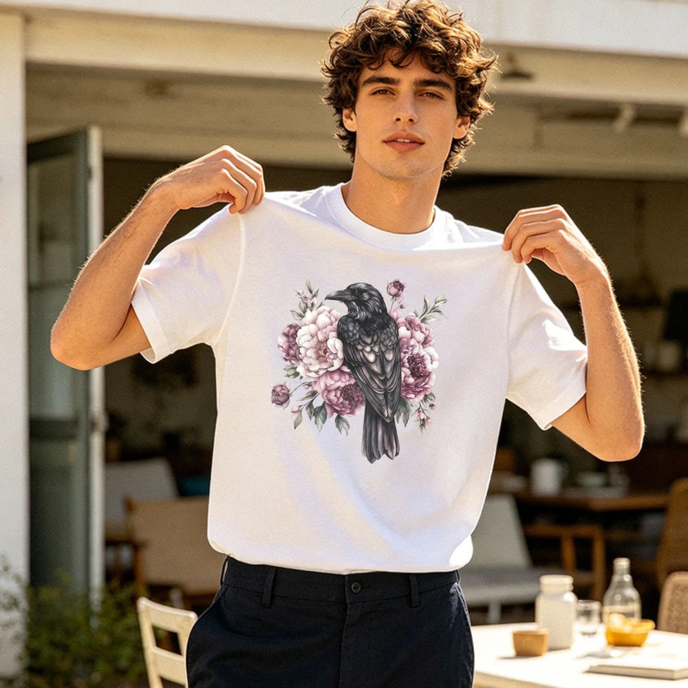 Black Raven Purple Peony Floral Vintage Art Men Cotton T Shirt Gothic Animal Graphic Casual Daily Commute Holiday Travel Top