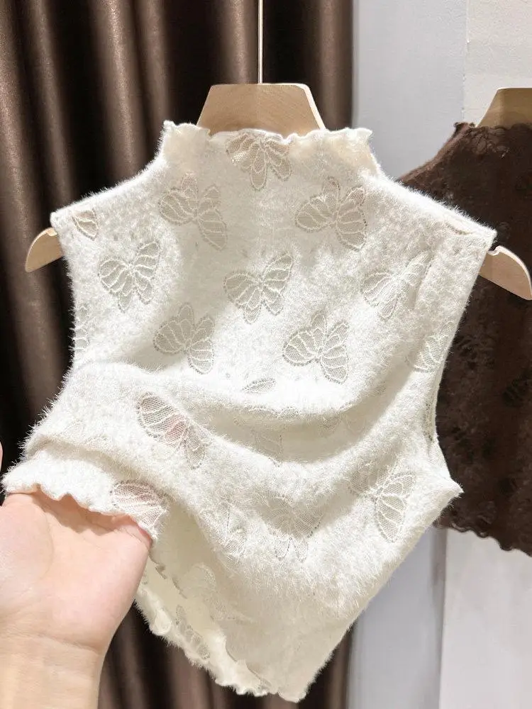 

Wooden Collar Sleeveless Vest Inner Wear Short Shirt Women Half High Collar Layering Flocking Lace Base Shirt