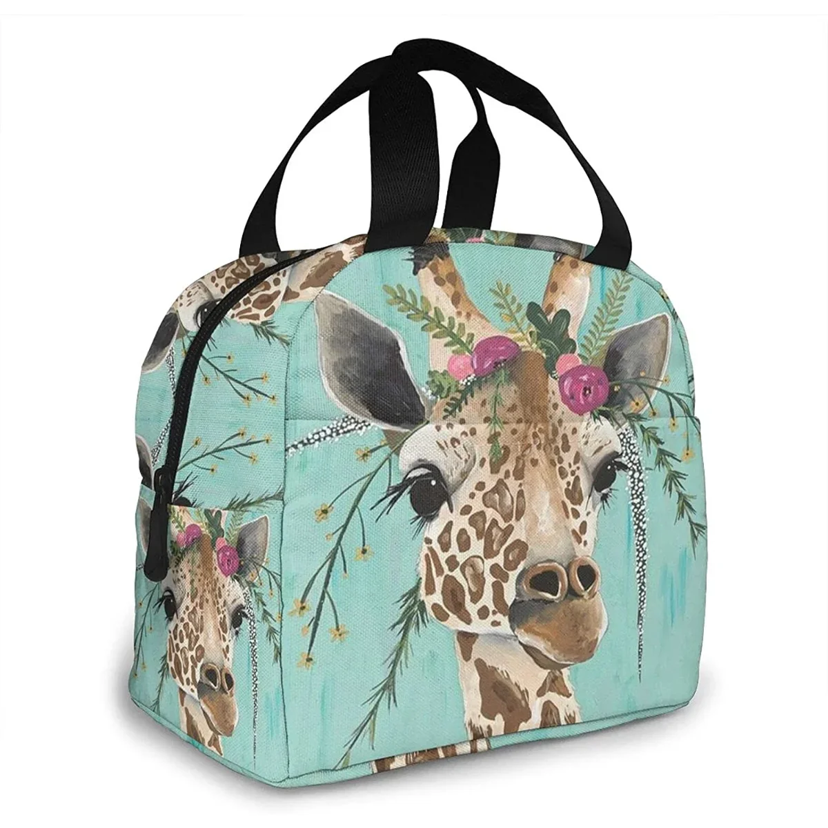 Giraffe With Floral Headpiece Lunch Box Reusable Insulated Lunch Bag Cooler Tote Box With Front Pocket Zipper Closure Women Men