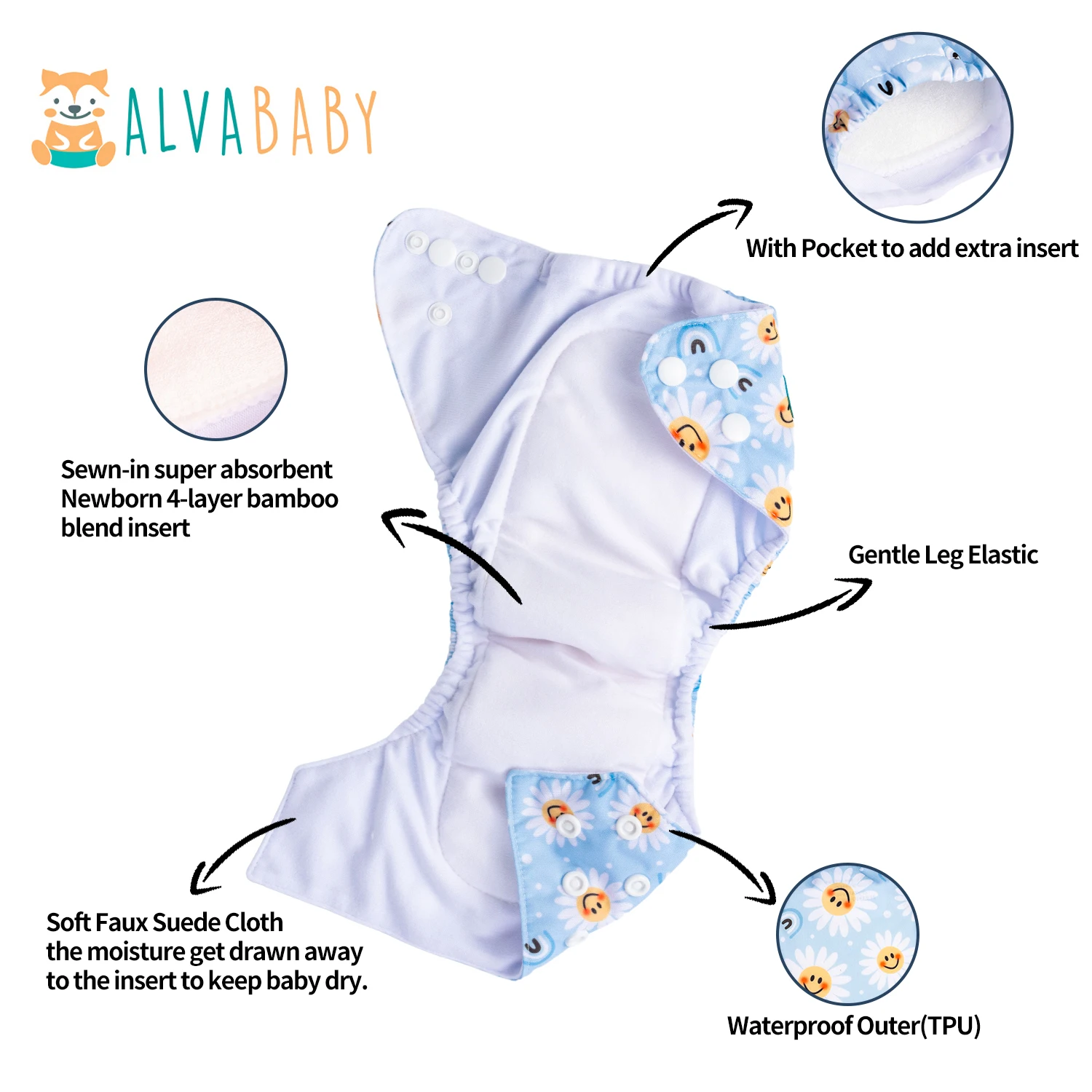 U Pick ALVABABY Newborn All-In-One Cloth Diaper with Pocket Sewn-in one 4-layer Bamboo Insert