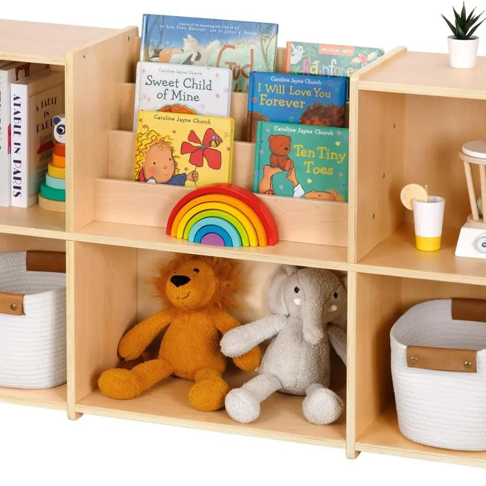 منظم كتب وألعاب مونتيسوري للأطفال بطبقتين، خزانة تخزين مكونة من 5 أقسام للفصول الدراسية وغرفة اللعب #1