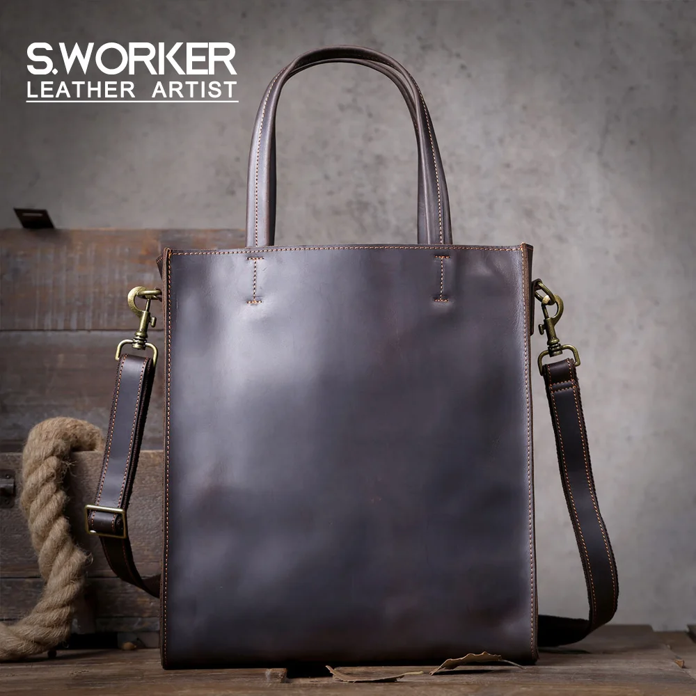 S.worker Vintage Genuine Leather Tote Bag Men's Handbag Cowhide