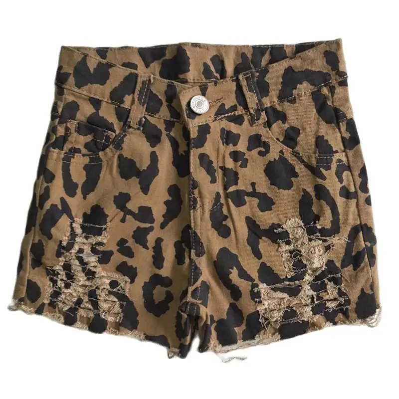 Manufacturer Wholesale Girls Clothing Summer Popular Leopard Print Brown Pockets Button Ripped Denim Shorts