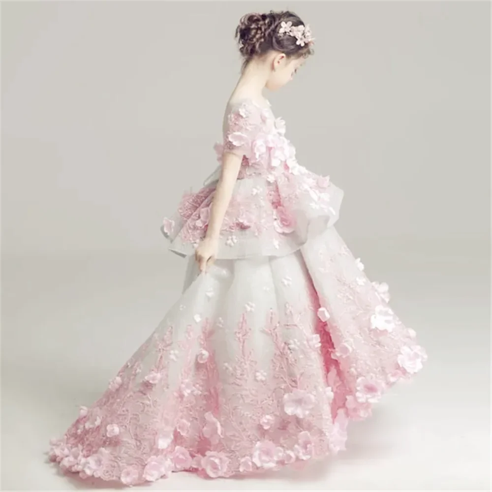 Rosa Blumenmädchenkleid mit Applikationen für Kinder, Prinzessin, kurzärmelig, bodenlang, Hochzeit, Tüll, Abschlussball, Festzug, Erstkommunion