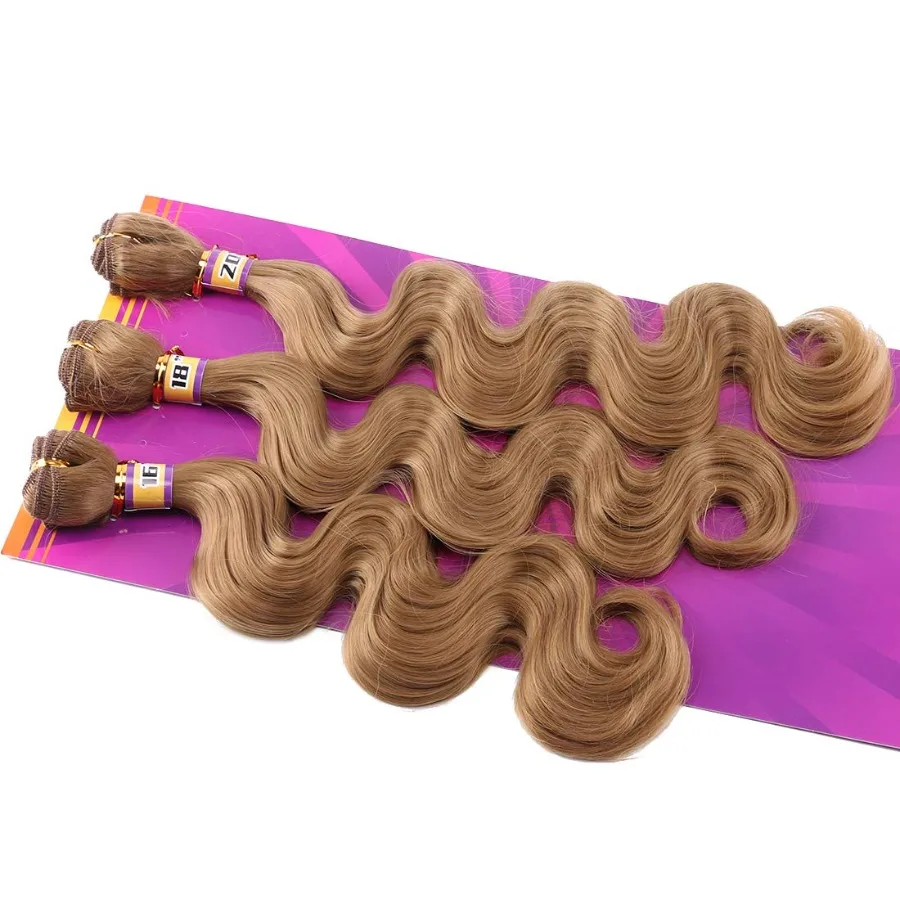 الذهبي الجسم موجة الاصطناعية نسج الشعر ملحقات 3 حزم اللون 27 الذهبي ارتفاع درجة الحرارة الألياف النسيج للمظهر الطبيعي Vo #4