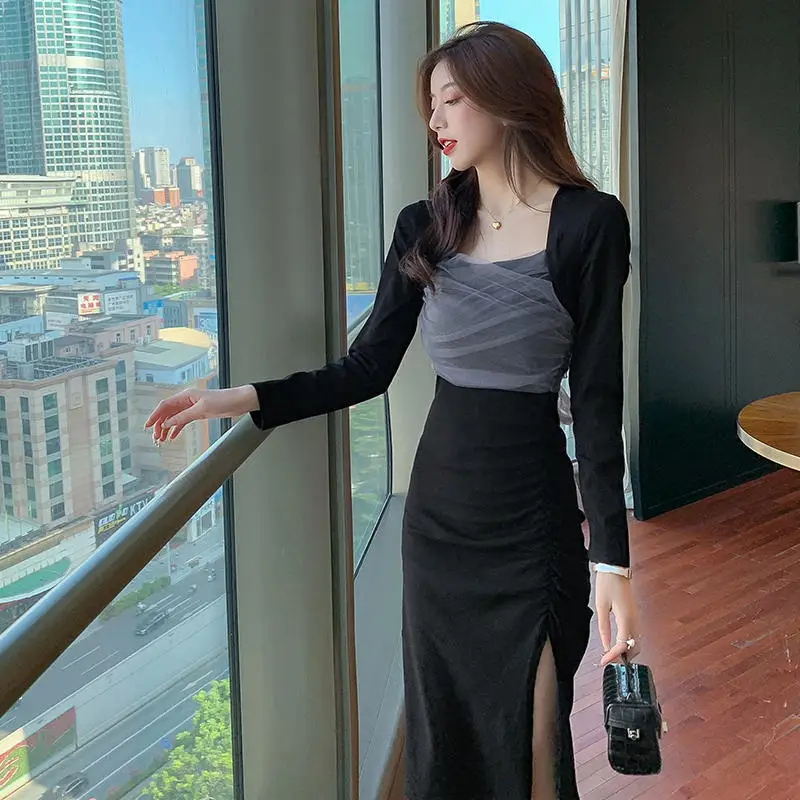 

Женское кружевное Сетчатое платье с квадратным вырезом и длинными рукавами