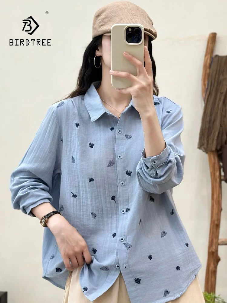 

Новая осенняя рубашка с длинными рукавами из хлопковой пряжи 2025 года, женская рубашка с отложным воротником и вышивкой, модная свободная блузка Mori Girl T5O057CC