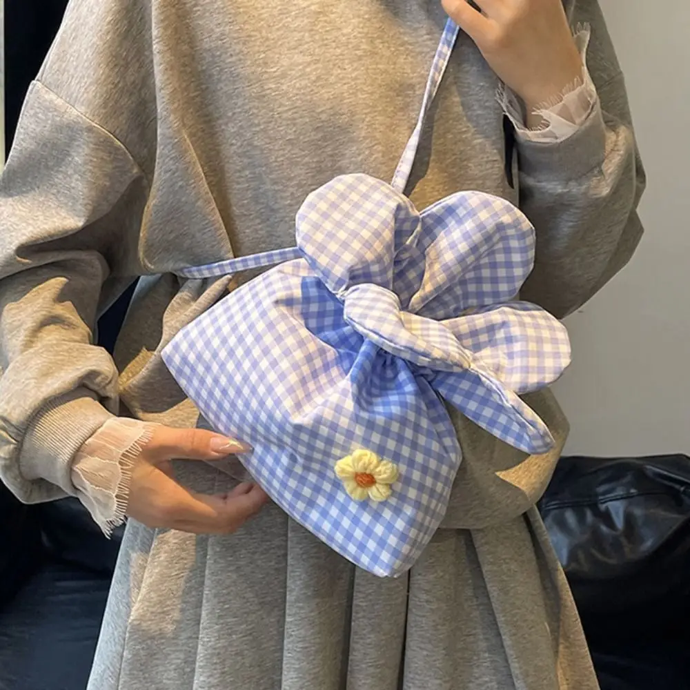 

Literary Korean Style Plaid Drawstring Bag Cute Printing Flower Handbag Bundle Pocket Cloth Shoulder Bags Vacation