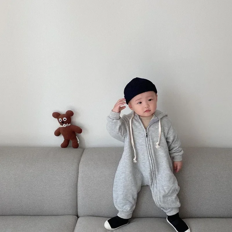 

Rompers Autumn Winter Korean Zipper Hooded Cotton Long Sleeved Jumpsuits Boys Girls Baby Crawling Suit Soild Cotton