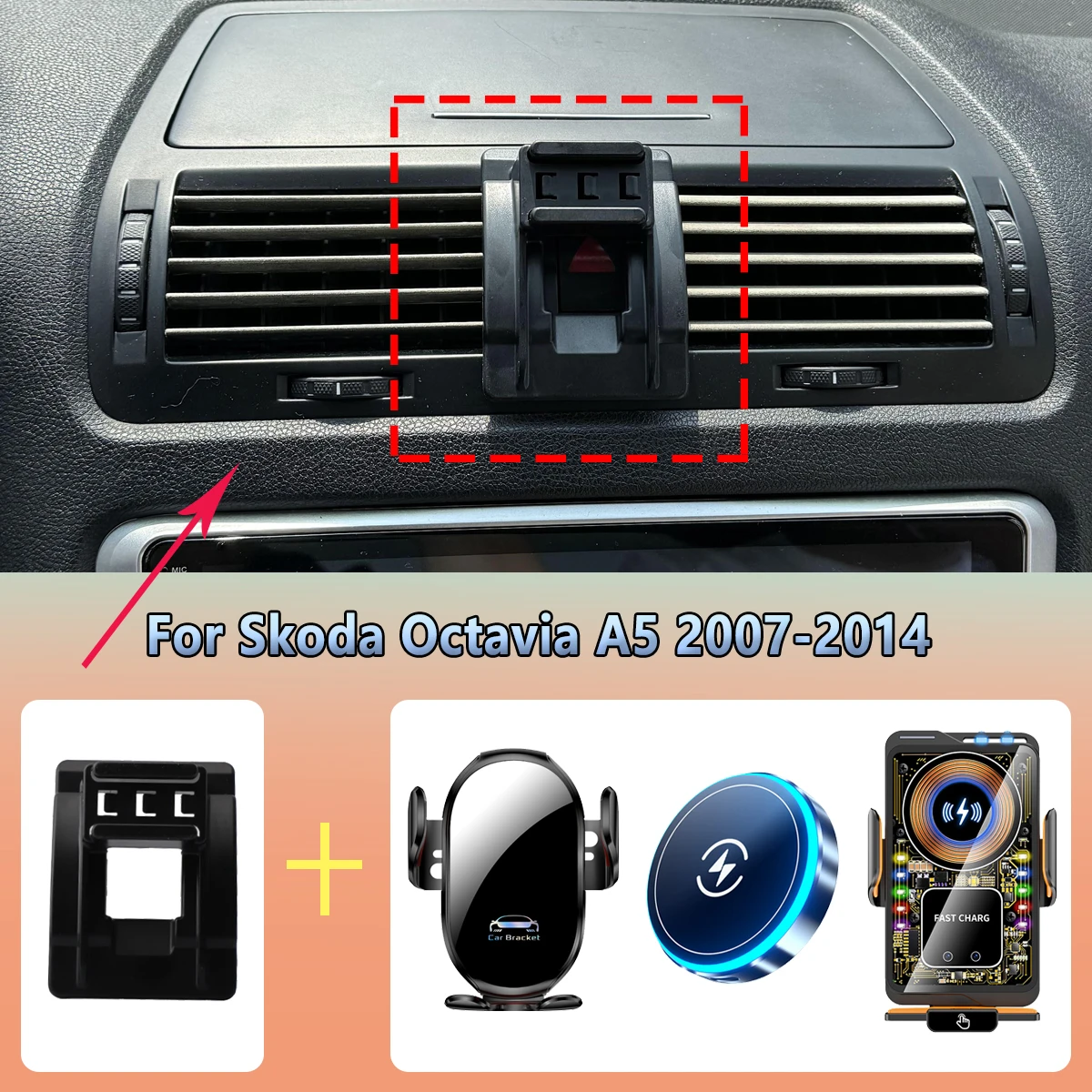 Suporte de telefone para carro, ventilação para skoda octavia a5 2007-2012 2013 2014, carregamento magnético sem fio, carregador de telefone para carr