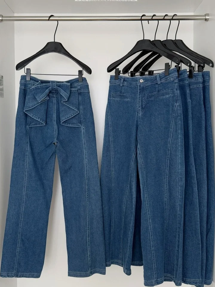 Retro American Waed Denim Jeans Women's Casual High Waist  Knot Design Autumn 2025 Straight Leg mid Stretch Blue