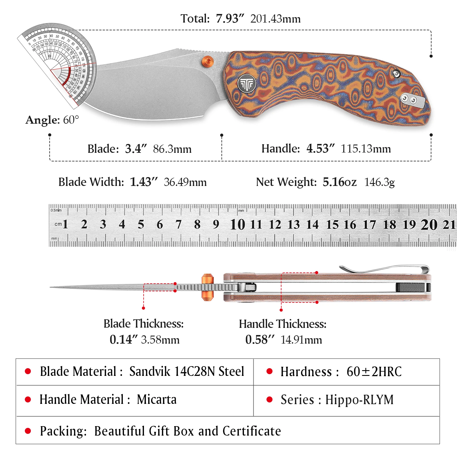 TRIVISA Pocket FoldingKnife Hippo-RLYM14C28N Blade Micarta Handle High Quality Outdoor Survival Camping Hiking Fishing Multitool