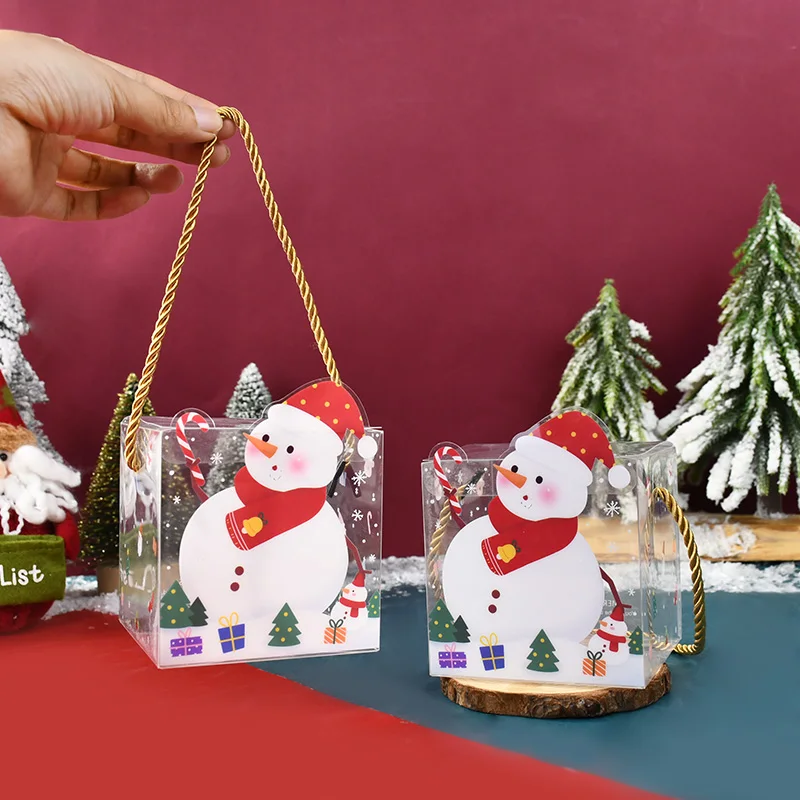 

4pcs Christmas Transparent PVC Square Candy Box With Handle Santa Claus Snowman Cookie Gift Snacks Packaging Box Xmas New Year