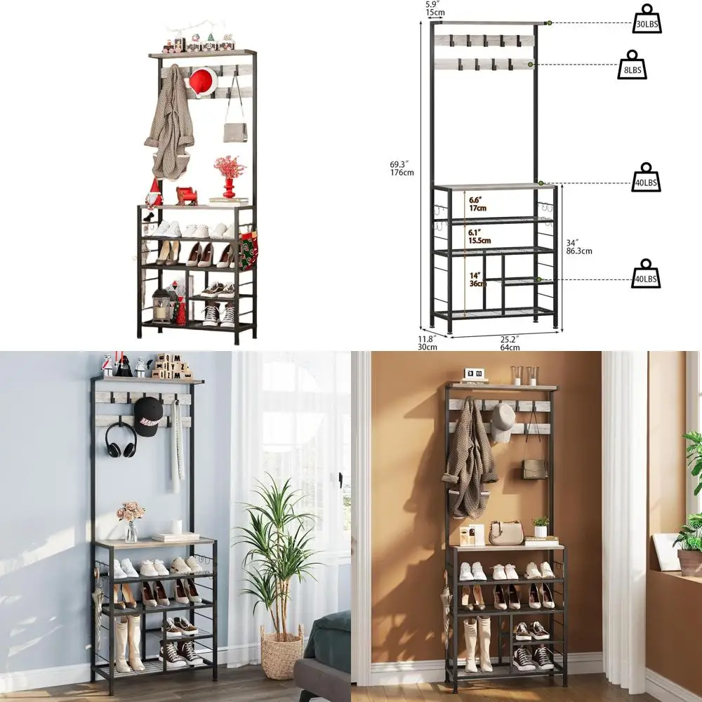 

5-уровневое винтажное дерево для прихожей с консольным столом, вешалкой для одежды и полками для хранения для дома и офиса (серый)