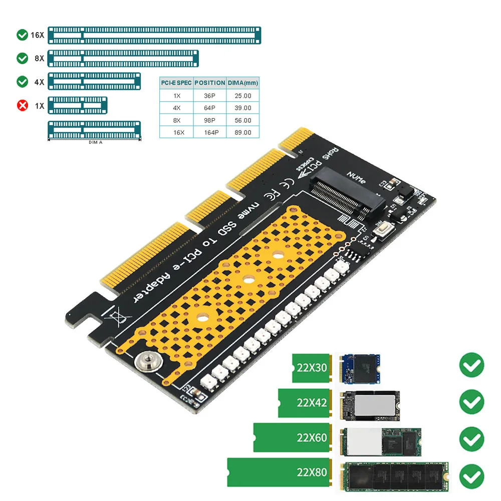 Adaptateur M.2 NVcloser SSD vers PCI-E 4X/8X/16X, avec 3528 flash LED coloré, support 2242/2260/2280 M.2