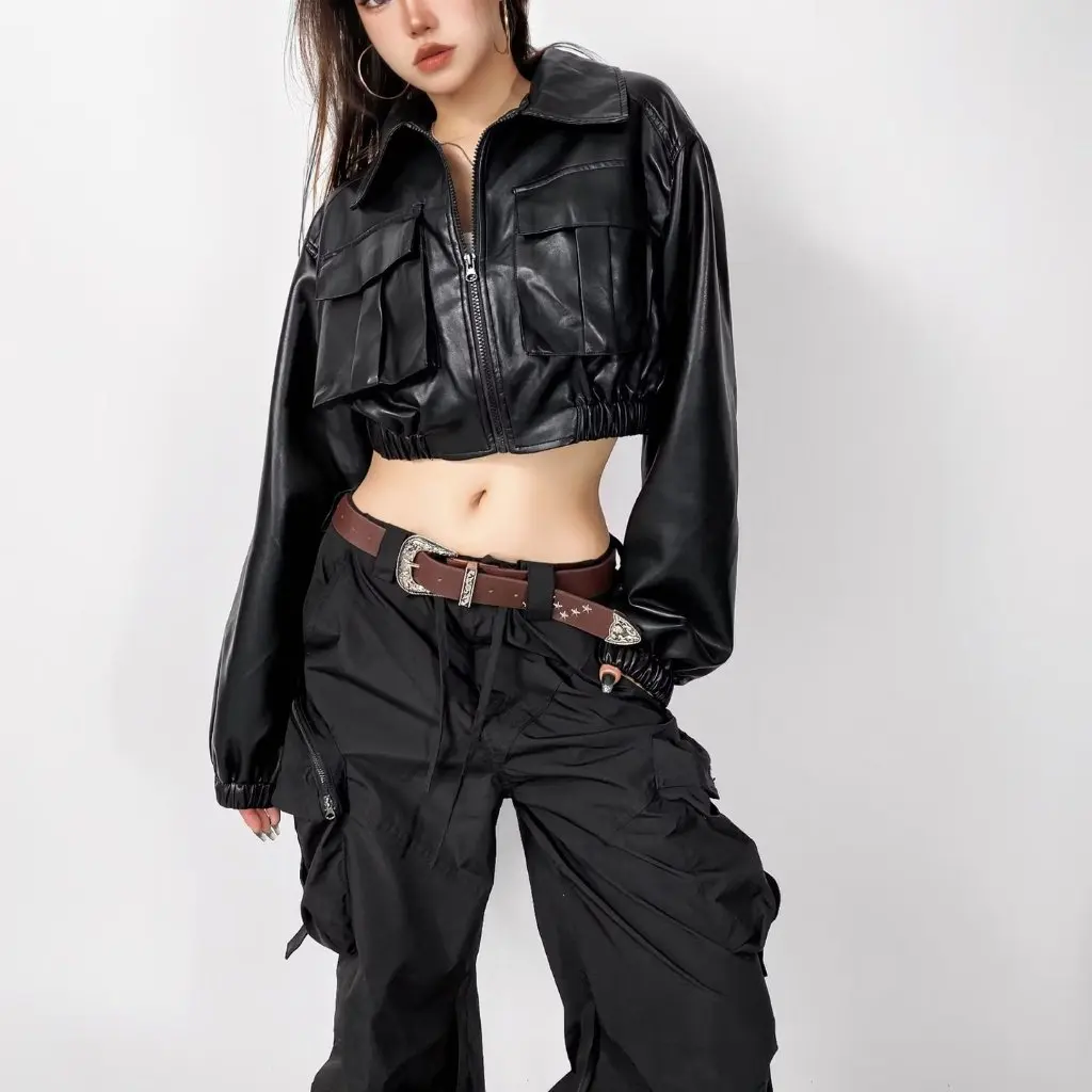 レディース アメリカンスタイル フライトジャケット PUレザー ショートジッパー ラペルコート 立体的な大きなポケット付き トレンディトップ