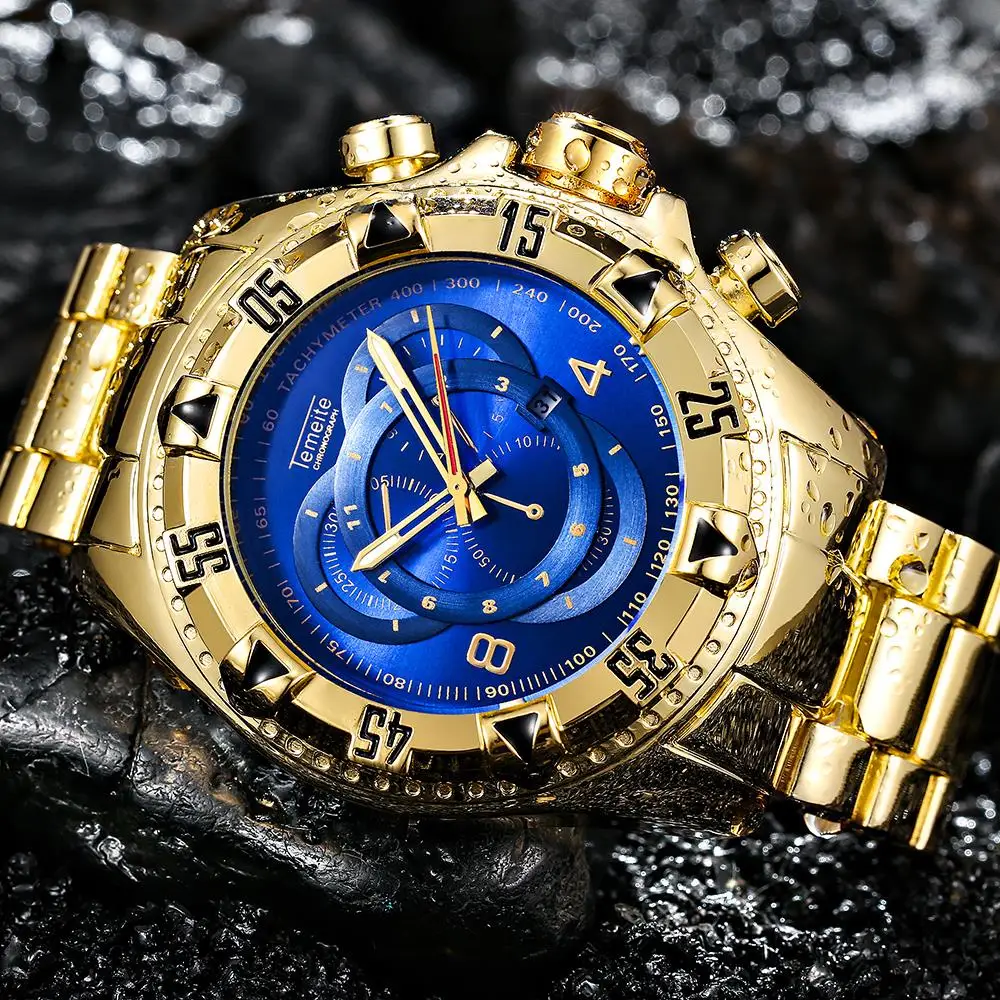 Temeite Gold Men Watch 2022 Luxury Brand Big Dial Quartz Waterproof Golden Male Wristwatches Stainless Steel Relogio Masculino