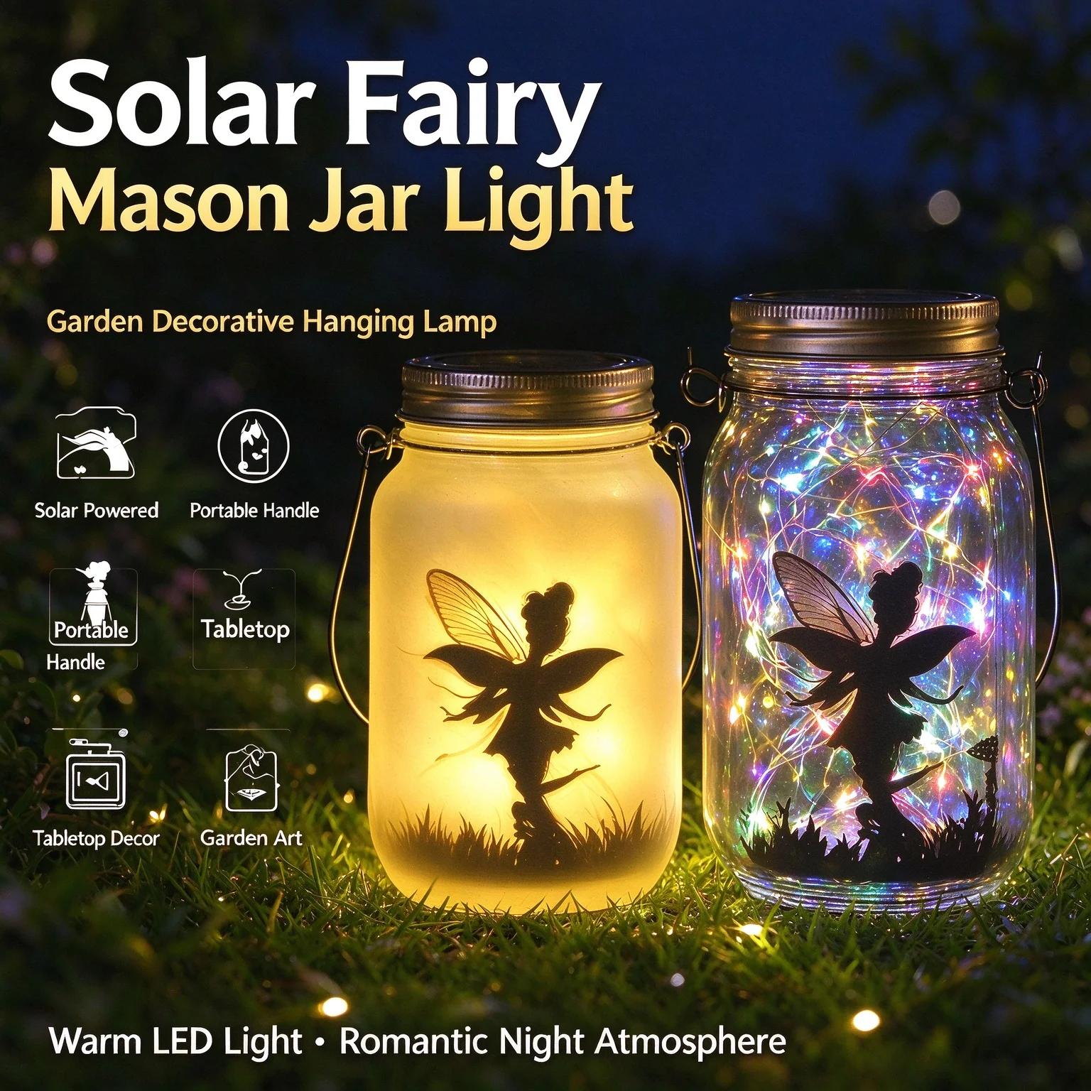 Solar Powered Fairy Jar Lamp with Portable Handle Angel Silhouette LED Night Light Waterproof Mason Jar Light for Outdoor Garden