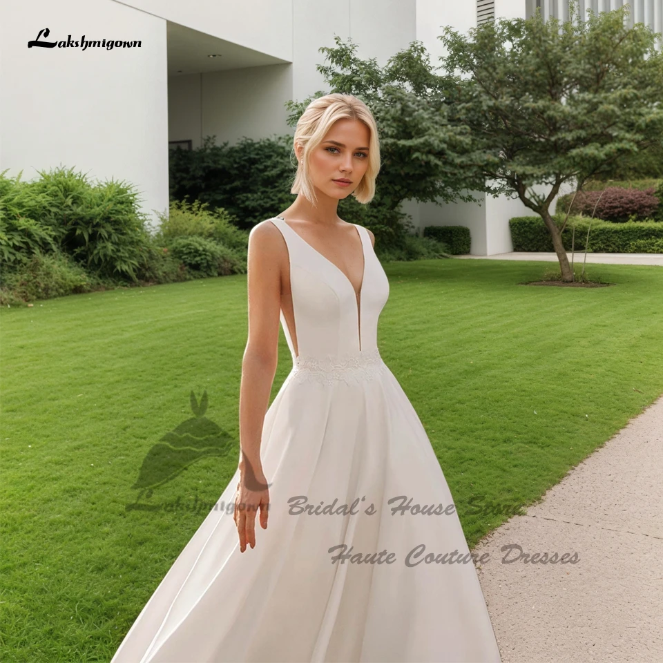 Lakshmigown Civil Mikado Satin Hochzeitskleid V-Ausschnitt 2026 Vestidos De Novia Sexy Strand-Brautkleider Rückenfrei Maßgeschneidert – Detail 4