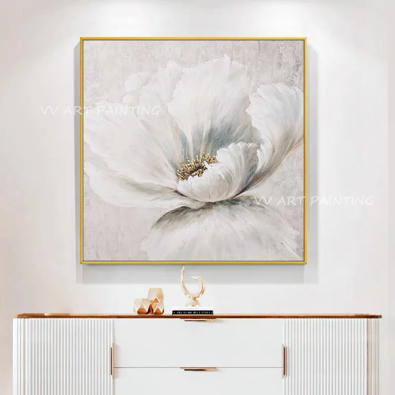 

Hand Painted White Flower Oil Painting 3D Texture Floral Canvas Wall Art for Bedroom Living Room Elegant Modern Home Wall Decor