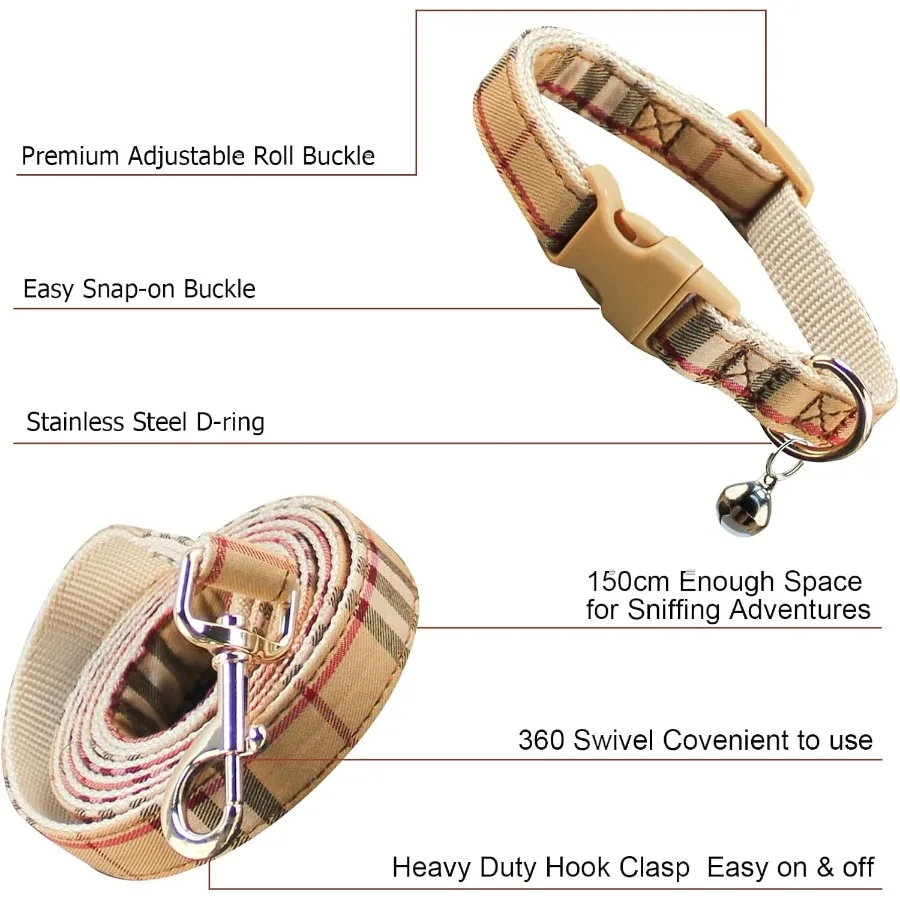 Cute Plaid Dog Collar Harness and Leash with Safety Buckle Adjustable and No Pull Comfortable Dog Collars for Small Puppy Styli