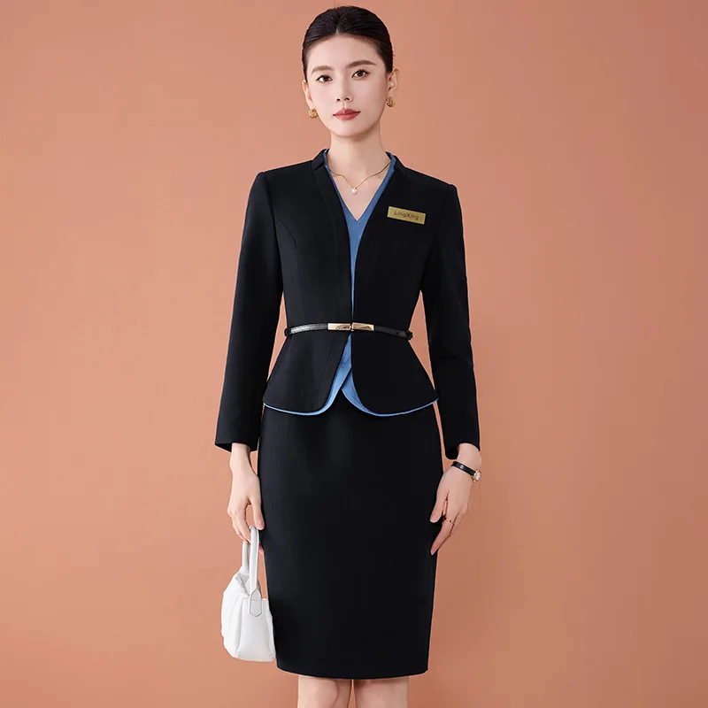 فستان ربيعي احترافي جديد بأكمام طويلة وقصة ضيقة أنيقة للأعمال مكونة من قطعتين ملابس عمل راقية